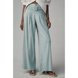 Anthropologie Wide-Leg Pants Women's 6 Green Linen Belted Party Minimalist NWT